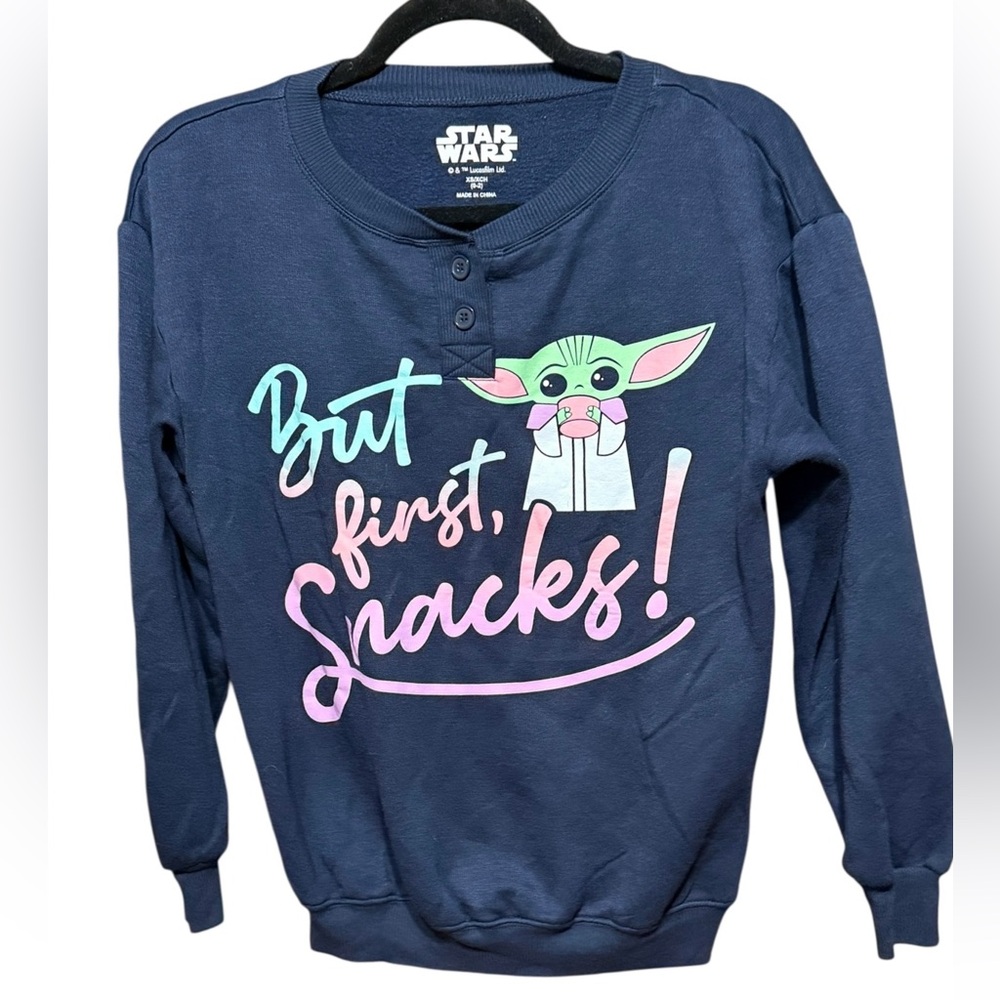 Star Wars Navy Baby Yoda Pajama Lounge Sweatshirt Top “But First, Snacks!” XS
